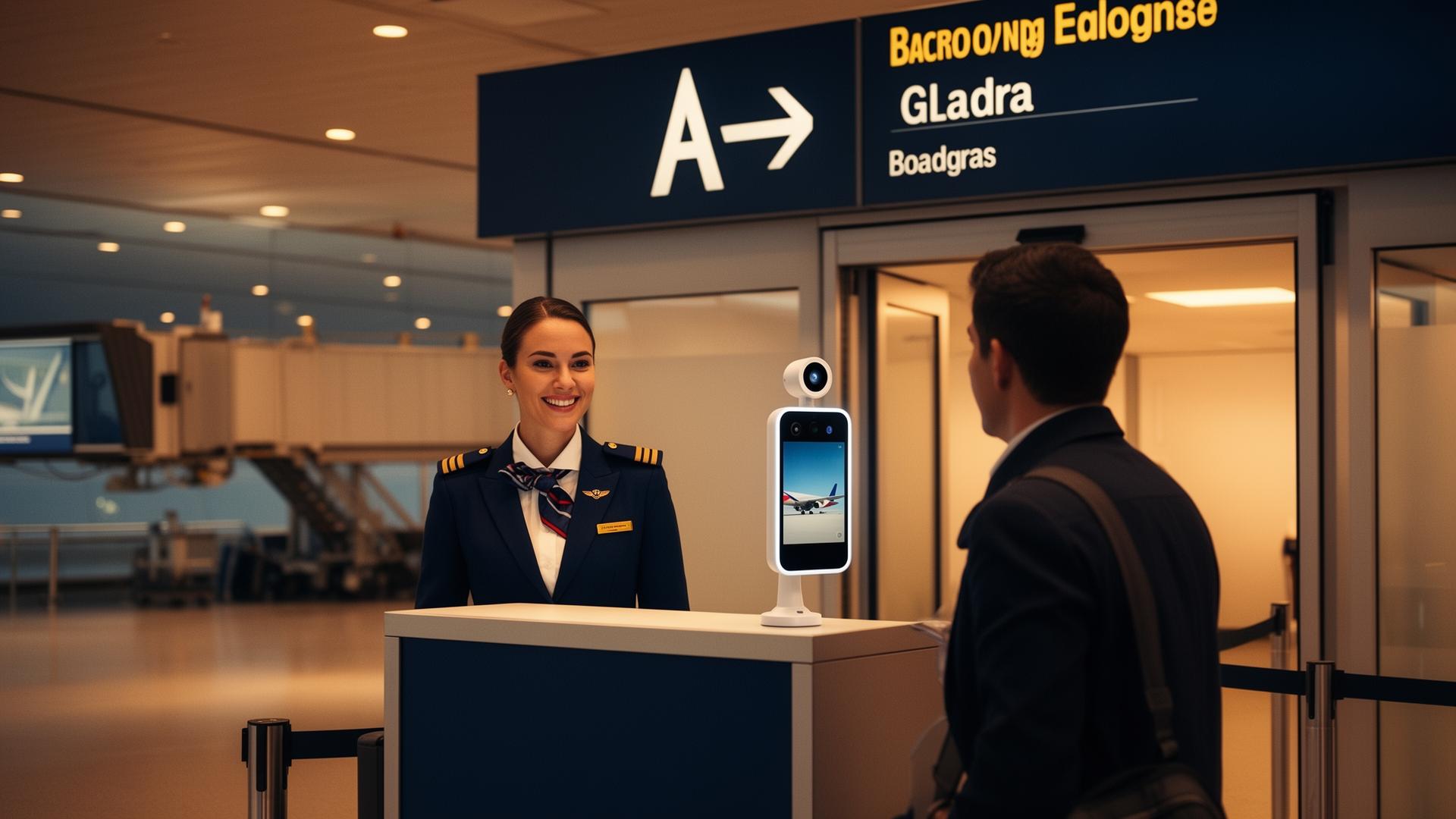 Airline gate agent and face-recognition camera at a boarding podium