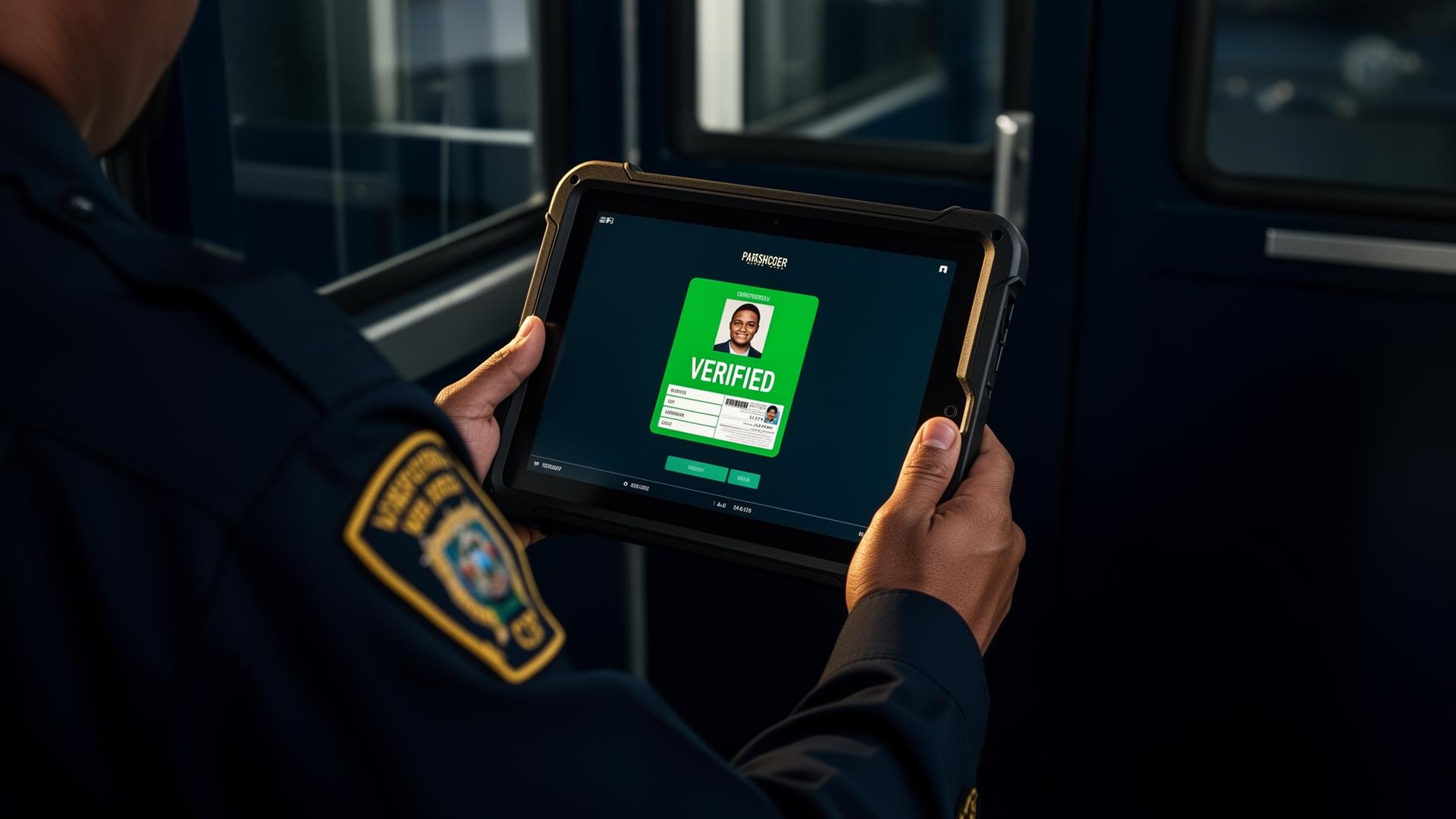 CBP officer holding a rugged verification tablet showing a green VERIFIED badge