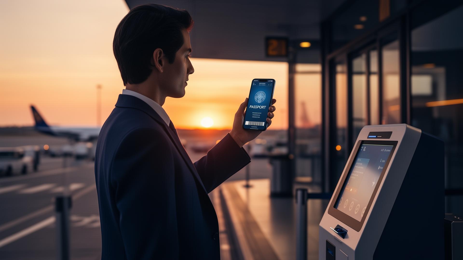 Traveler holding a phone with a digital passport at an airline curbside kiosk at sunrise