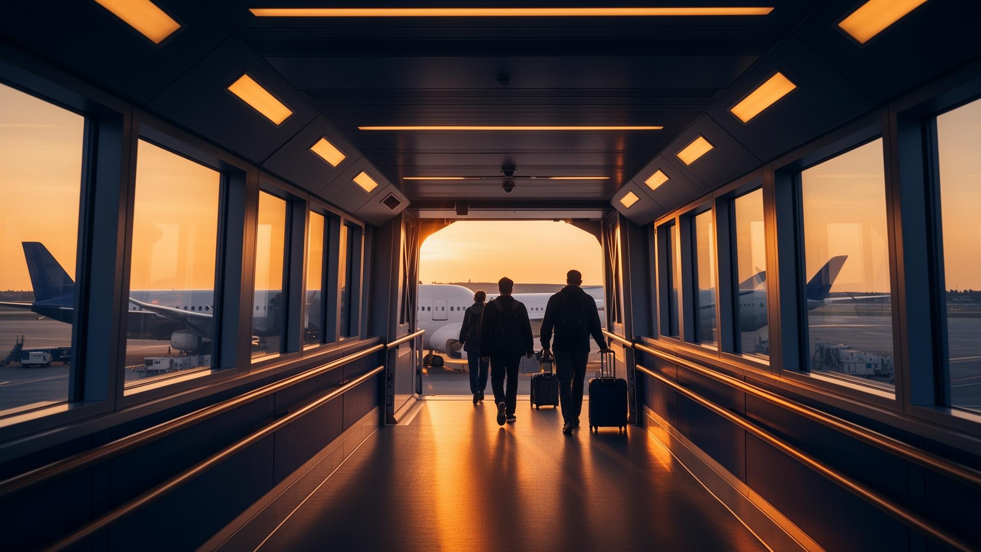 Passengers boarding an aircraft via a jet bridge at golden hour