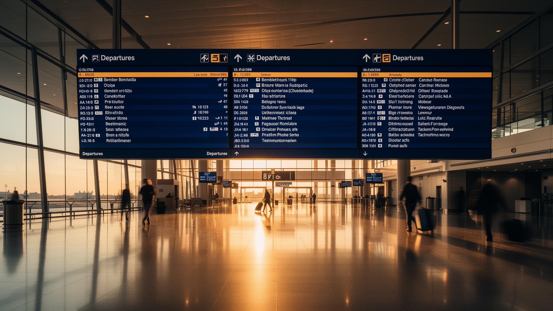 Modern airport departures hall with digital wayfinding screens at golden hour