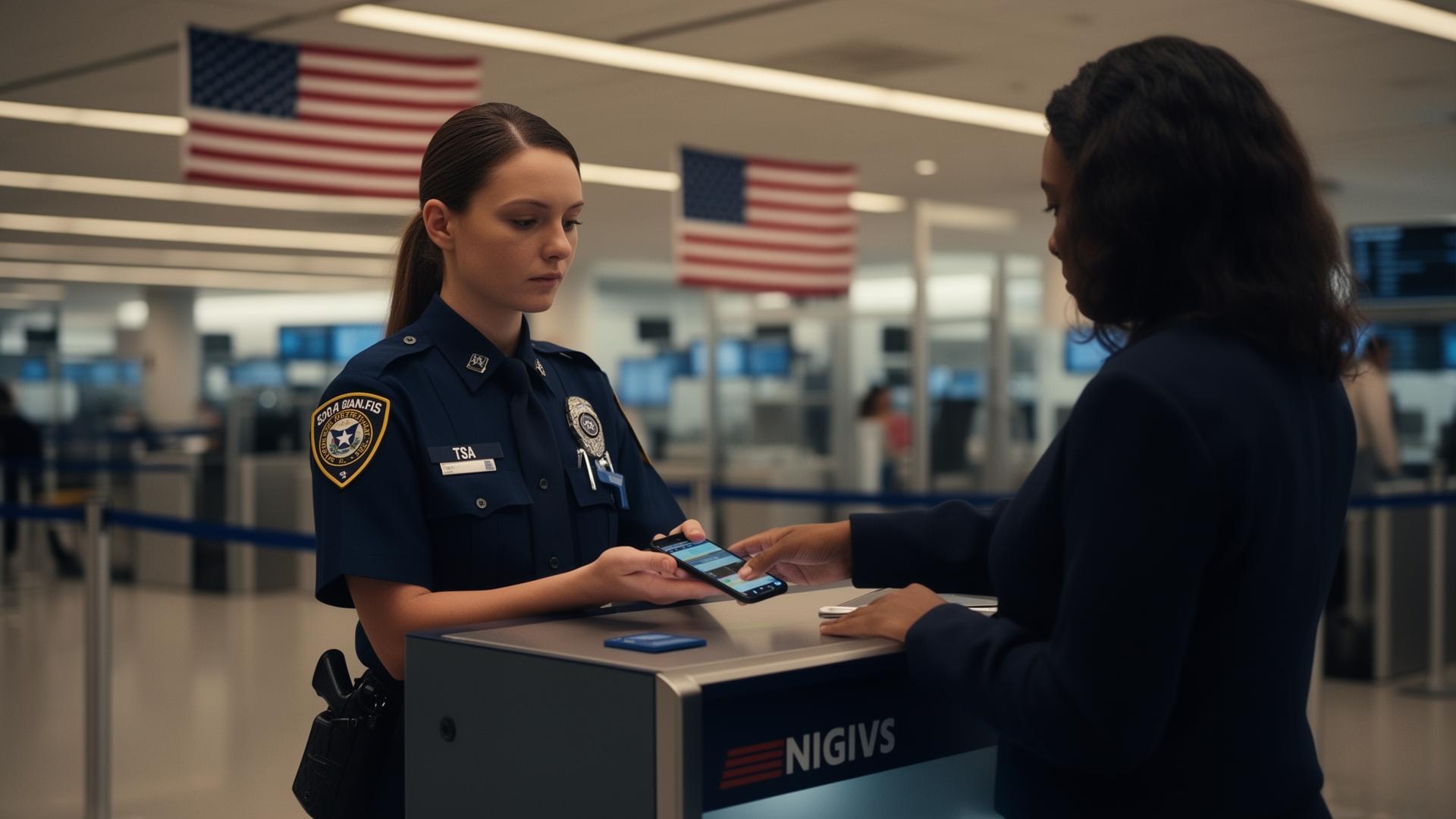 TSA officer scanning a passenger's smartphone at a US airport security podium